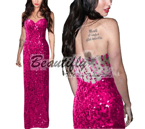 Sexy Hot Pink Strapless Sequins Cocktail Ball Evening Prom Party Long Formal Gown Women Dress
