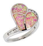 Sterling Silver, Synthetic Pink Opal Heart Ring, w/ Brilliant Cut CZ stone Accents, 11/16