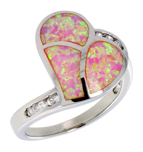 Sterling Silver, Synthetic Pink Opal Heart Ring, w/ Brilliant Cut CZ stone Accents, 11/16