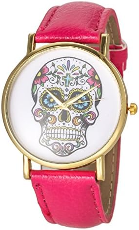 Women's Stylish Punk Rock Collection Black Sugar Skull Pu Leather Band Watch Dress Watch Gift (fushcia)