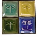 4 pc Dragonfly Plate Set Crackled Porcelain