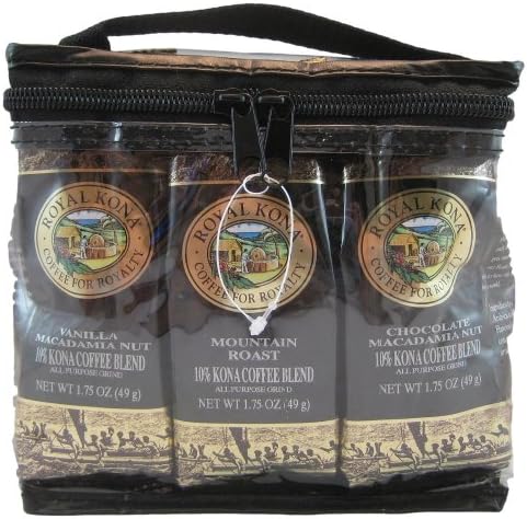 Bundled Package of Six Royal Kona Coffee for Royalty 10% Kona Coffee Blend Sampler Packages Including Two of Each of Chocolate Macadamia Nut, Vanilla Macadamia Nut, and Mountain Roast All Purpose Grind Coffee Packets 1.75 Oz. Each. Enjoy This Delightful Treat From Hawaii or Give This to Your Favorite Coffee Lover!