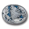 Pewter Belt Buckle - Howling Wolf with Feathers - Pewter Belt Buckle