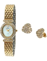 Peugeot Womens 555G Gold-tone Watch & Crystal Accented Earring Gift Set
