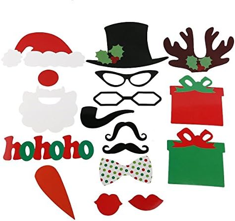 Narrowser 17pcs Christmas Photo Booth Props 17pcs DIY Kit For Party Supplies,Paper Prop On A Wood Stick , Featuring Glasses Moustache Red Lips Deer Horn Santa Hat