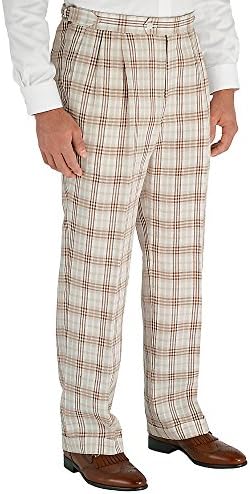 Paul Fredrick Men's Brown Plaid Pure Linen D-ring Pleated Pants Brown 32