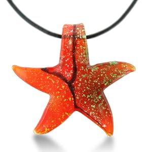 Red Murano Glass Starfish Pendant on 19 Inch Black Leather Cord Necklace Necklace