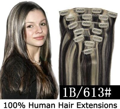 Woputuo Clip in Remy Human Hair Extensions 100% Real 20 Inch 7pcs 70 Grams Silky Soft (Black Bleach Blonde(#1B/613))
