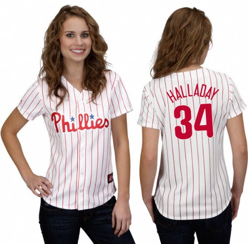 MLB Women's Philadelphia Phillies Roy Halladay White/Scarlet Pinstrp Short Sleeve 5 Button Synthetic Replica Baseball Jersey Spring 2012  (White/Scarlet Pinstrp, X-Large)
