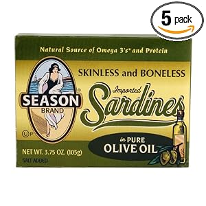 Season Skinless and Boneless Sardines In Olive Oil , 3.75-Ounce Tins (Pack of 5) by 