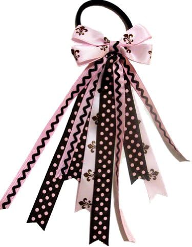 Pink & Brown Glitter Hair Bow Ribbon Streamer Ponytail Holder (Thick Black Scrunchie)