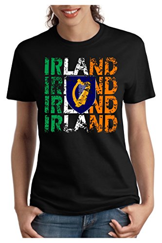 OM3 – IRLAND – Damen T-Shirt tailliert – IRELAND EM 2016 FRANKREICH FRANCE FUSSBALL FANSHIRT SOCCER SPORT TRIKOT EUROPAMEISTER, M, schwarz