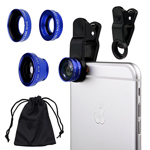 CamKix Universal 3 in 1 Cell Phone Camera Lens Kit for Smartphones including - Fish Eye Lens / 2 in 1 Macro Lens & Wide Angle Lens / Universal Clip / Carry Pouch / Microfiber Cleaning Cloth(blue)