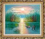 Beach Side Sunset over Reed Marshes Oil Painting, with Ornate Antique Dark Gold Wood Frame 26 x 30 inches