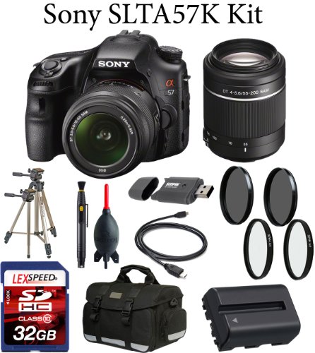 Sony SLTA57K Digital SLR Camera + Sony AF DT 18-55 F3.5-5.6 SAM Lens + Sony SAL-55200-2 55-200mm f/4-5.6 DT AF Zoom Lens + LexSpeed 32GB SDHC Class 10 Memory Card + Deluxe Gadget Bag + Extra Spare DSLR Battery