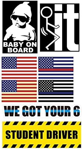 8 Assorted Car Window Stickers,Bumper Stickers,US Flag Stickers,Baby on Board sticker,F K IT Sticker,Student Driver sticker