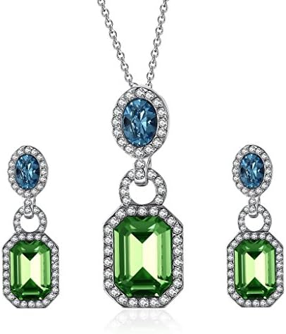Lelekiss Designer SWAROVSKI ELEMENTS Aquamarine and Emerald-Cut Green Crystal Earrings and Pendant Necklace Jewelry Set for Women