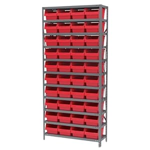 AKRO-MILS AS1279080 12-Inch D by 36-Inch W by 79-Inch H Powder Coated Steel Shelving Unit with 10 Shelves and 40 Red 30080 Shelf Bins, Grey