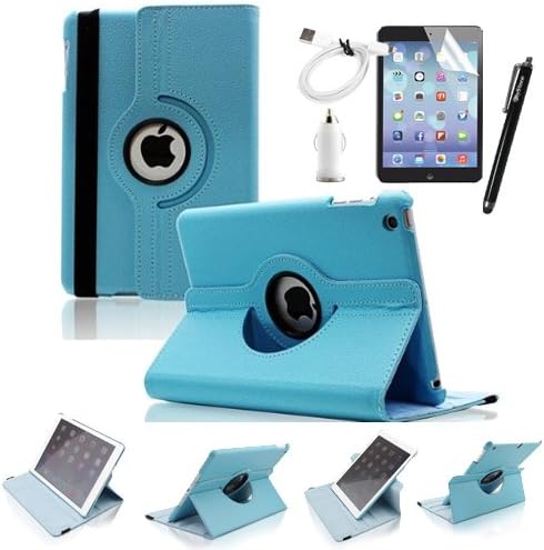 FlyStone® iPad Mini Retina Accessories Bundle for Business and Travel 360 Degrees Rotating Stand Leather Case Cover for Apple iPad mini 7.9 inch Tablet With Auto Wake / Sleep Feature + Car Charger + Stylus + Screen Protector (for iPad Mini, Blue)
