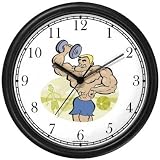 Caricature of Weight Lifter with Dumbbell on Muscle Beach 1 - Physical Fitness-Exercise-Body Buiding Wall Clock by WatchBuddy Timepieces (Black Frame)
