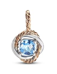 Bright Blue Natural Cushion Cut Blue Topaz Pendant In Rhodium And Pink-Plated Silver With Rope Design