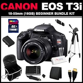 Canon EOS Rebel T3i 18 MP CMOS APS-C Sensor DIGIC 4 Image Processor Full-HD Movie Mode Digital SLR Camera with 3.0-Inch Clear View Vari-Angle LCD and EF-S 18-55mm f/3.5-5.6 IS Lens (16GB Beginner Bundle Kit) includes Charger, Battery, 16GB SD Card, USB Card Reader, HDMI Cable, Carrying Case, 57 Tri