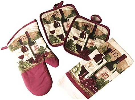 Kitchen Linens Collection Top Quality Quilted Cotton Pot Holder and Oven Mitt Set With Bonus Kitchen Towel, Assorted Kitchen Themes and Colors, 4 Piece Set (WIne - Burgundy Gold)
