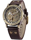 AMPM24 Vintage Bronze Roman Automatic Mechanical AMPM24 Skeleton Brown Leather Strap Wrist Watch PMW362