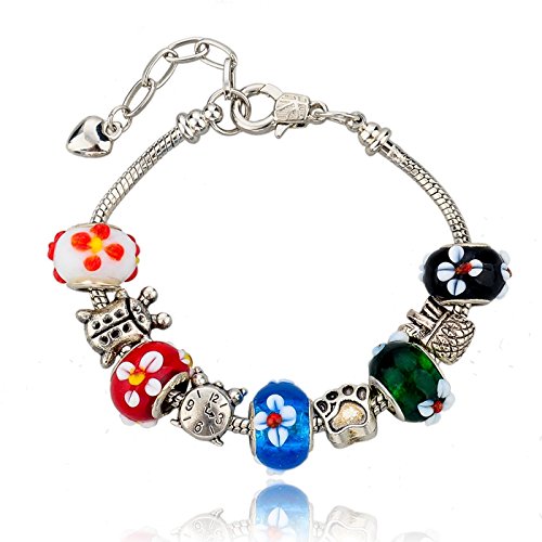 Long Way Women Silver Plated Snake Chain Black Green Blue Red White Glass Bead DIY Heart Charm Bracelet