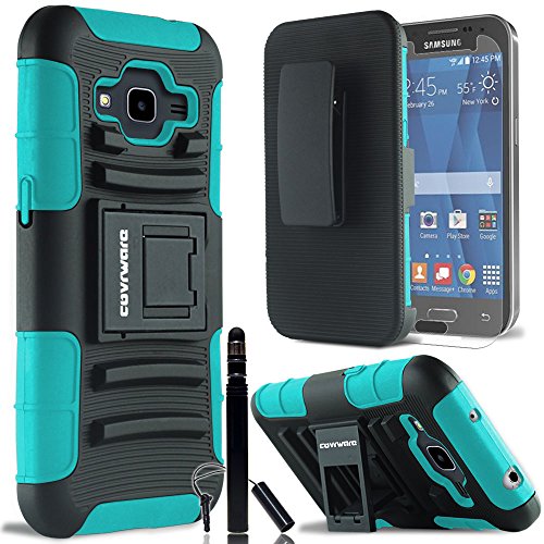 COVRWARE® Samsung Galaxy Core Prime / Prevail LTE - 3 in 1 Bundle - Heavy Duty Combat Armor Holster Case w/ built-in Kickstand, Locking Belt Swivel Clip + [ Screen Protector ] [ Stylus Pen ] - Teal
