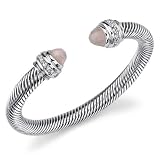 Radiant Glamour: Designer Inspired Sterling Silver Cable Style Bangle Bracelet with Rose Quartz and White CZ Diamond