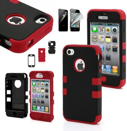 CWAccessories (TM) Black High Impact Hybrid Matte Hard Case Silicone Rubber Cover for Apple iPhone 4 4G 4S w/ Screen Protector (Red)