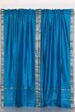 2 Rod Pocket Turquoise Indian Silk Sari Panels, Saree Curtains - India