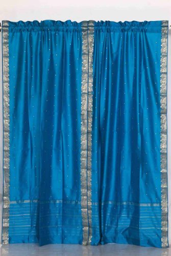 Pole Top Pair Turquoise Silk Sari Curtains Drapes Panels Made to measure