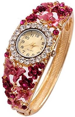 Bs1981 Vintage Women Dress Watchs Wrap 18K Gold Full Rose Red Crystal Flower Bracelet Wrist Watch