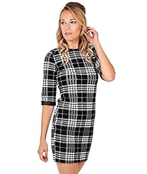 Sophisticated Crepe/Faux-Leather Checkered Print Elbow Length Sleeves Bodycon Dress/Evening Dress 