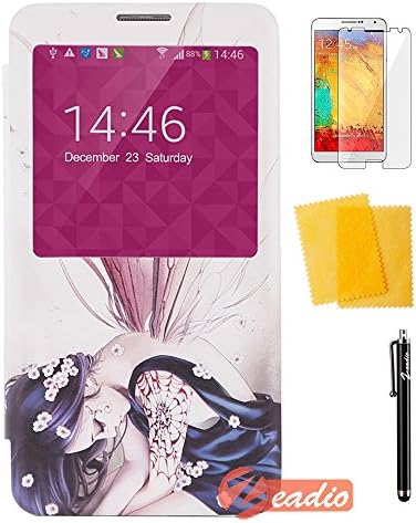 Zeadio® Stylish Design Slim Flip S-View Smart Case Battery Replacement Cover + Stylus Pen + Screen Protector + Microfiber Cleaning Cloth for Samsung Galaxy Note 3 III N9000 N9005 - Design T12