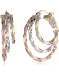14K Tri-Color Italian Yellow, White and Rose Gold High Polish Triple Row Twisted Hoop Earrings