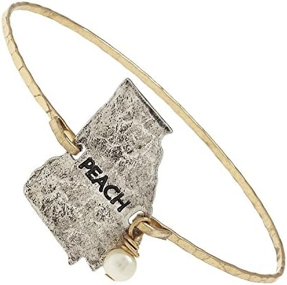 Women's "Peach" Georgia Charm Bangle. Worn Gold/silver Plating. 2-tone Hammered Charm Bangle - Georgia. "Peach" Engraving. Wire-wrapped Ivory Imitation Pearl Accent. Slide-on Bangle; 1 Size Fits Most.