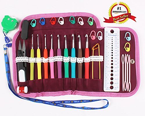 Crochet Hooks Soft Handle Kit Green Piping Wrapped Around a Gorgeous Plum Velveteen Lined Lace Accented Easy-Open Snap Tri-Fold Clutch - Crochet Set Complete with (Scissors, Stitch Markers, Gauge Measure, Yarn Needles, 4.5" Safety Pin, Row Counters) - Lifetime Replacement Guarantee