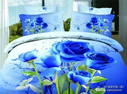 Joubuy Reactive Printing Big Blue Rose 3d Blue Bedding Beach Bedding Queen Beach Theme Bedding 3d Bedding Set Beach Duvet Cover Set Blue Rose Coverlet 100 Percent Cotton 4pcs by JOYBUY Bedding Sets