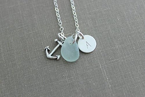 Anchor necklace - .925 Sterling Silver Anchor and Genuine Sea Glass Initial Necklace