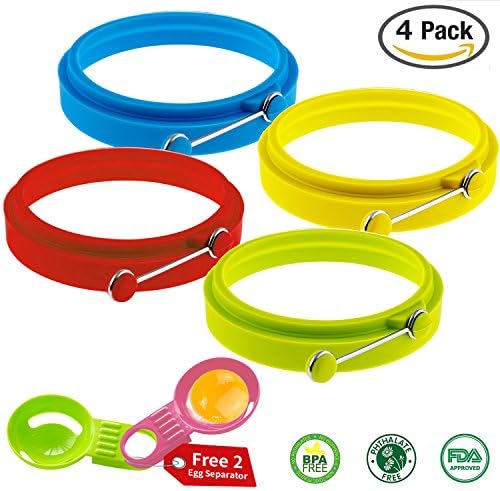 Silicone Egg Ring,OUNLIFE Round Non-stick Pancake Mold,Pack of 4,With 2 Free Eggs Separator,Fried Poached Eggs Cooking Rings