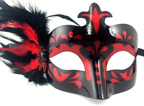 Masquerade Costume Mask with Feathers and Decoration (red)