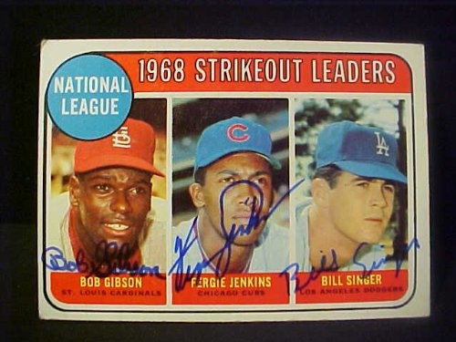 Bob Gibson St. Louis Cardinals, Fergie Jenkins Chicago Cubs & Bill Singer Los Angeles Dodgers #12 1969 Topps 1968 National League Strikeout Leaders Autographed Baseball Card
