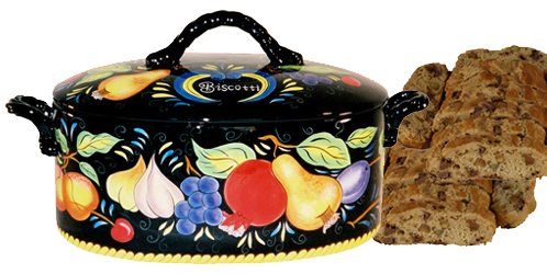 OVAL JAR W FRUIT MOTIF ON BLACK W 1 LB BISCOTTI COOKIES by Paris and Beebee
