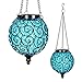 Exhart Solar Hanging Lantern, Handblown Blue Glass â€“ Round Hanging Lantern Light w/ 12 LED Firefly String Lights, Metal & Glass Lantern Decorative Orb for Outdoor DÃ©cor (7in l x 7in w x 20in h)
