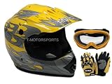 TMS Youth Yellow Flame Dirt Bike ATV Motocross Helmet with Goggles and Gloves (Small)