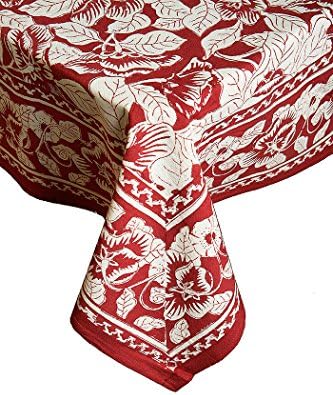 Petal Pushing Azurium-Burgundy Hand block Printed Cotton Round tablecloth, 86"