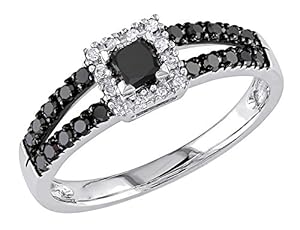 Black and White Princess and Round Diamond Ring 1/2 Carat (ctw) in 10k White Gold, Size 7.5